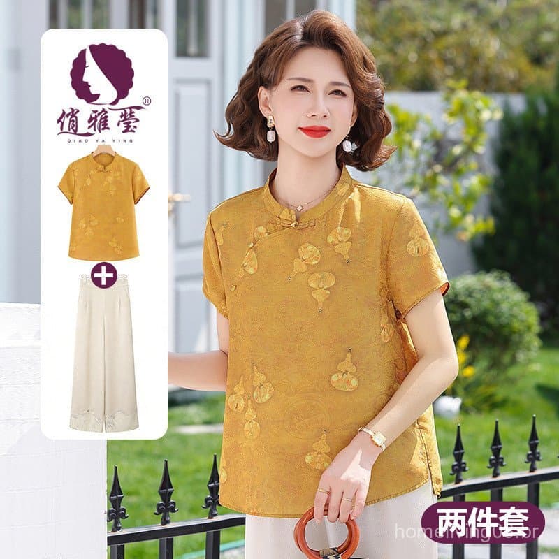 Novo conjunto de verão de estilo chinês para mães, elegante e casual, composto por duas peças para mulheres de meia-idad