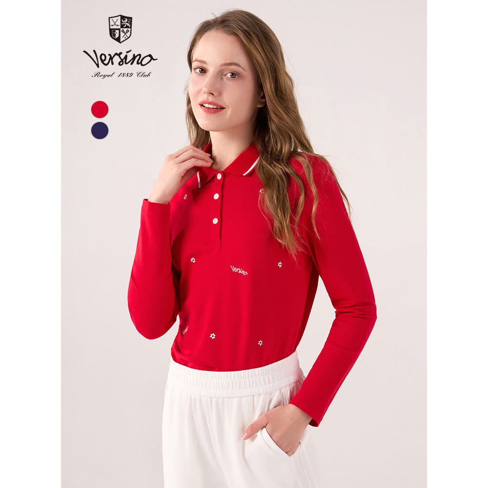 Versino versino vermelho manga comprida camiseta feminina outono inverno novo estilo lapela camisa polo feminina bordado
