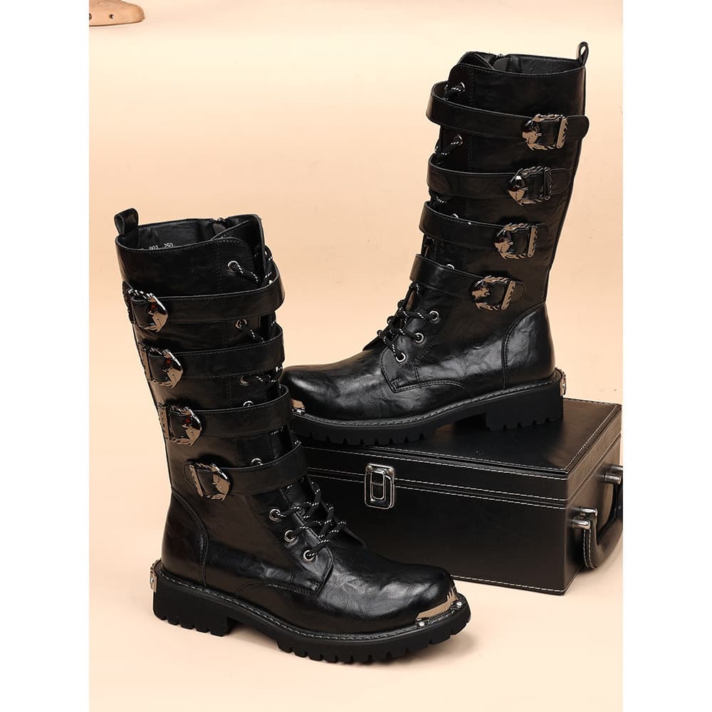 Botas Martin masculinas de cano alto, fivela de cinto, botas de couro para motociclista, aumento interno, zíper, tubo lo