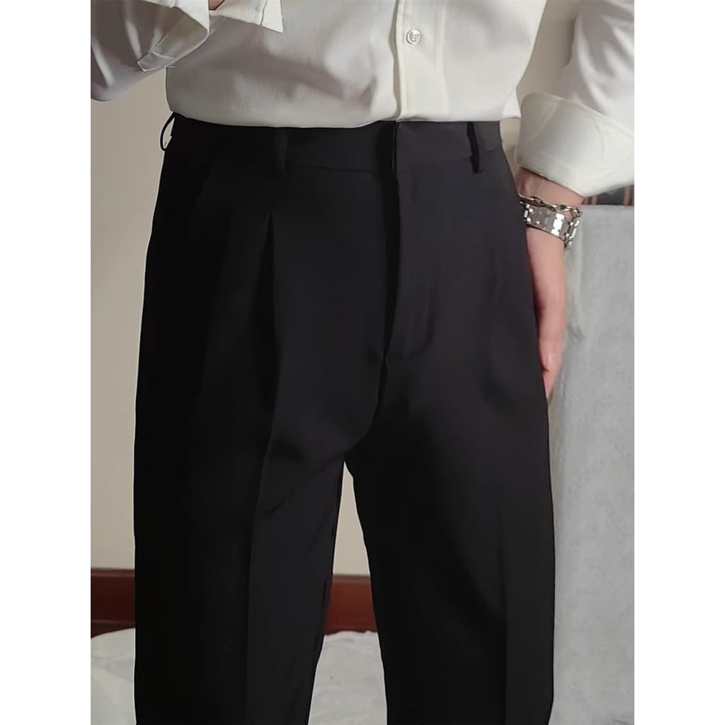 Estilo italiano primavera outono cintura alta em linha reta simples magro-ajuste calças casuais masculinas não-ferro mod