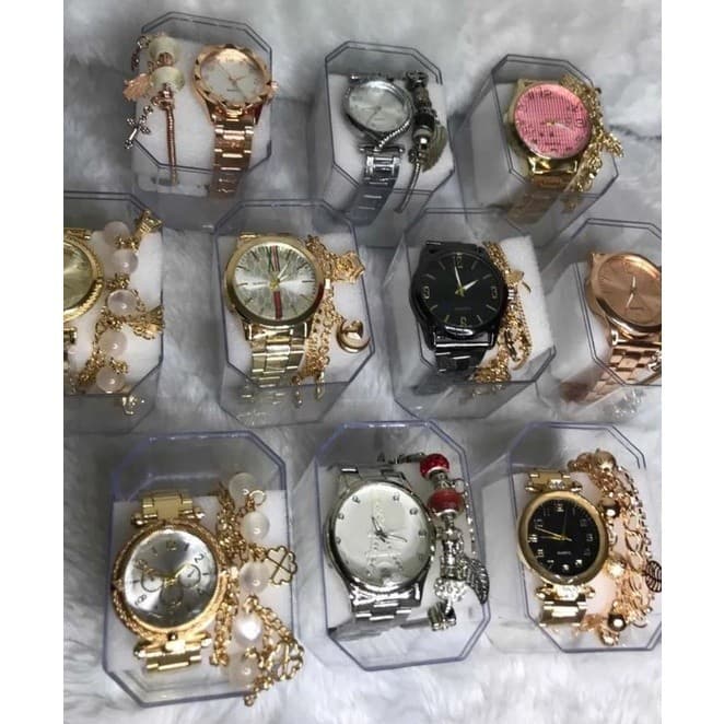 Relógios feminino kit com 10 relógios mais caixas acrílica e pulseiras  revenda S-CXS