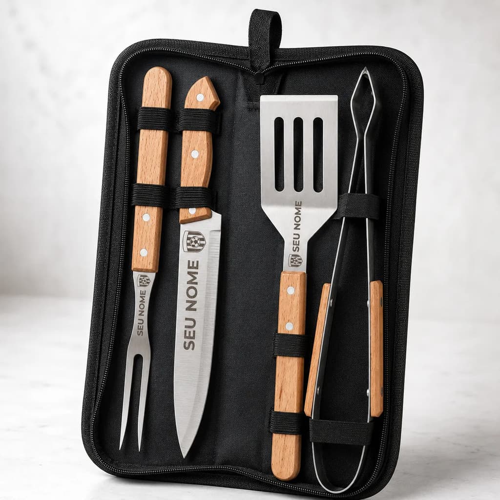 Kit Churrasco 4 Em 1 Personalizado Faca Pegador Logo Brinde