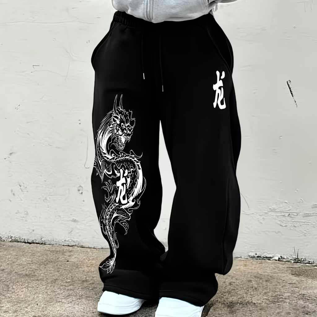 Calça Wide Leg Moletom Oversized Dragão Japones Letras Caldas Premium Baggy Larga Detalhe Vermelho
