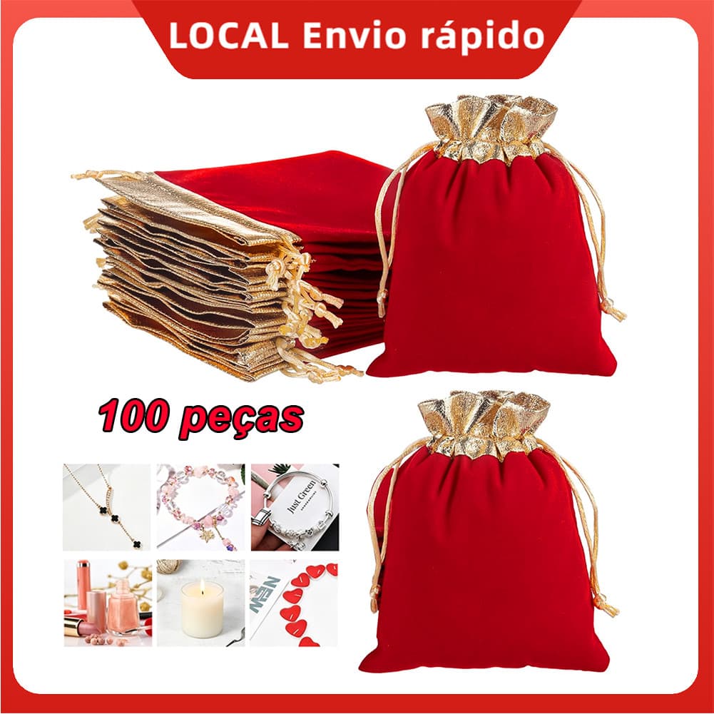 Kit 100 Saco de Veludo Vermelho 7x9cm/10x12cm – acondiciona pulseiras, terços, chaveiros, acabamento luxo