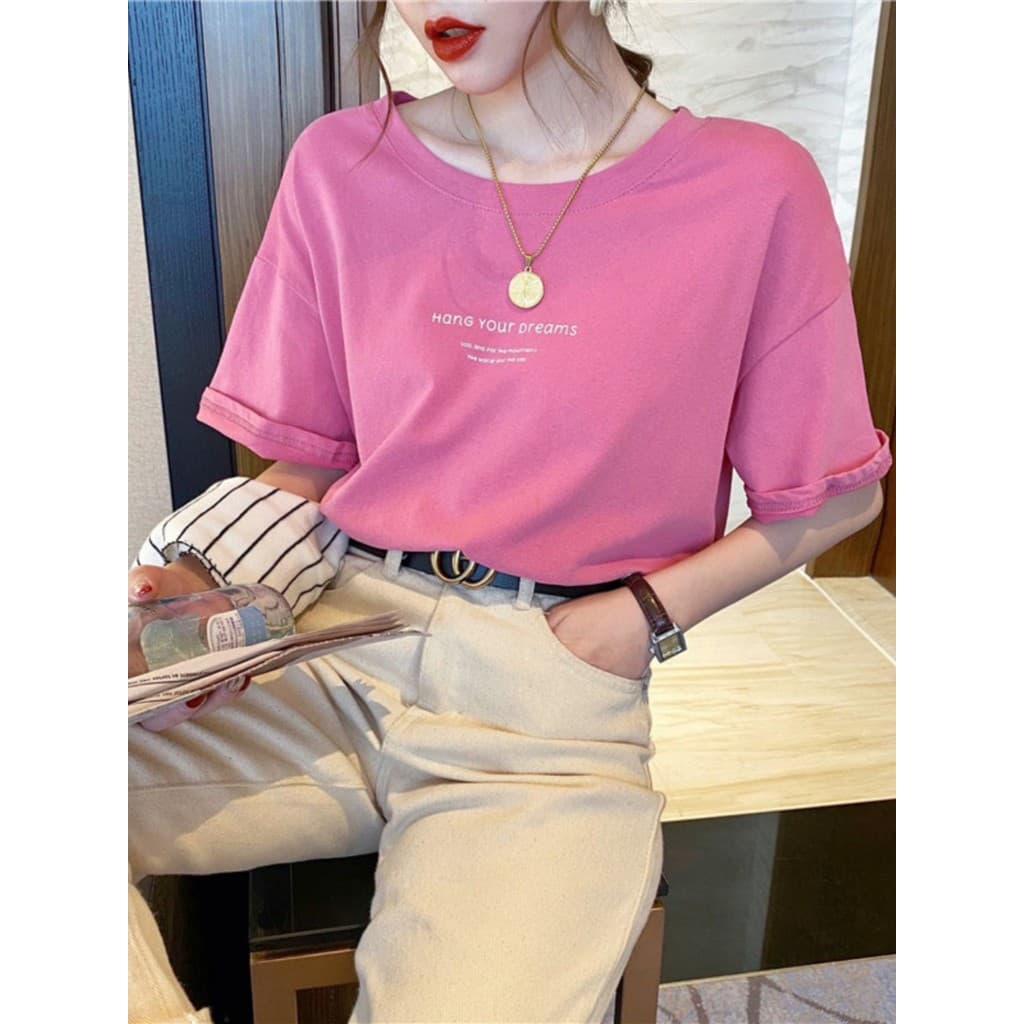 Camiseta feminina de manga curta rosa macia 2024 novo estilo verão Design nicho meia manga solta mais magro olhar puro a