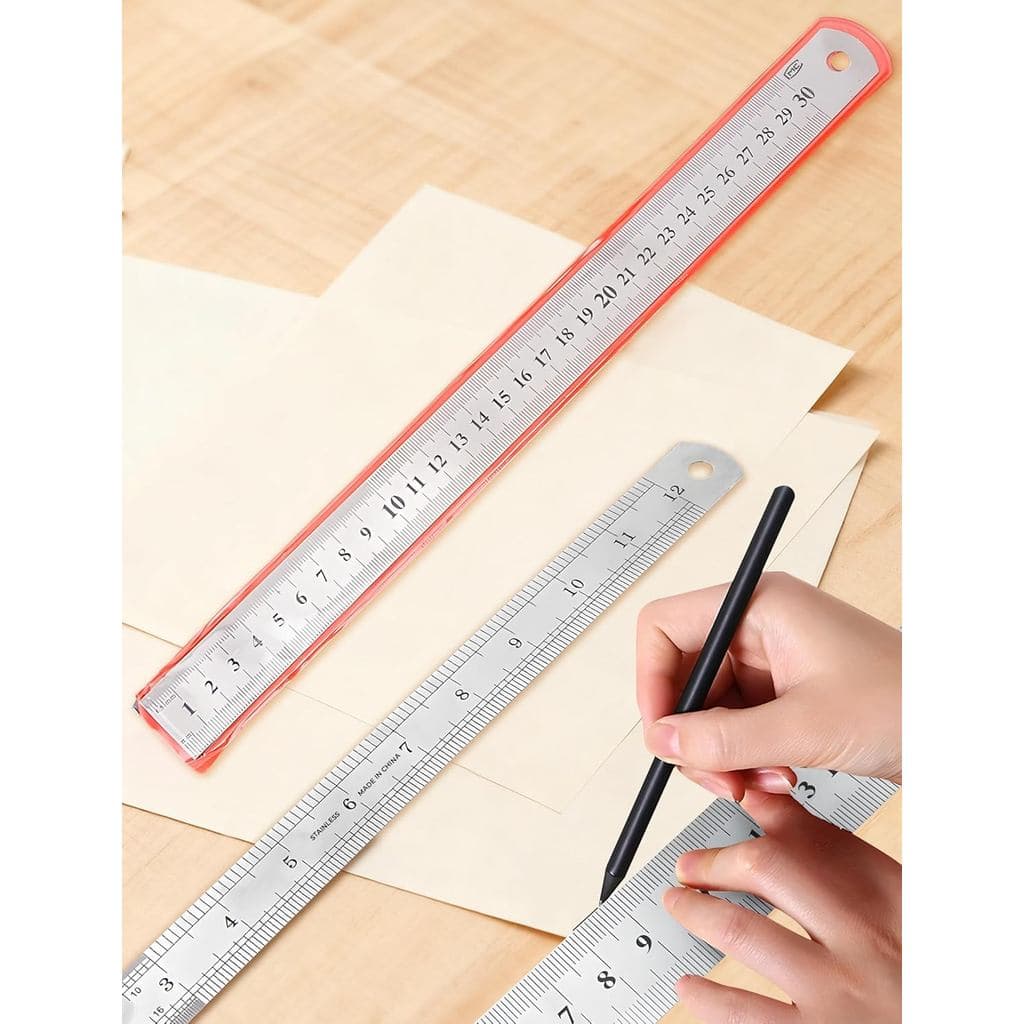 Régua de Aço Inoxidável 12 Polegadas / 30 cm, 0,7 mm de Espessura, Ferramenta de Medição de Precisão com Marcações em Po