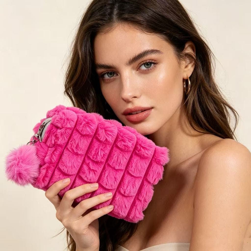 Necessaire Bolsa de Maquiagem de Pelúcia Super Macia Grande Capacidade Portátil para Viagens e Uso Diário