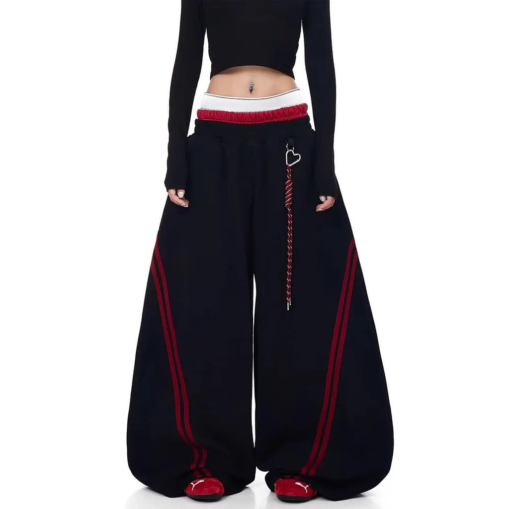 Americano Casual Retro listras contraste cor costura Machete Sweatpants masculino feminino solto cintura dupla calças de