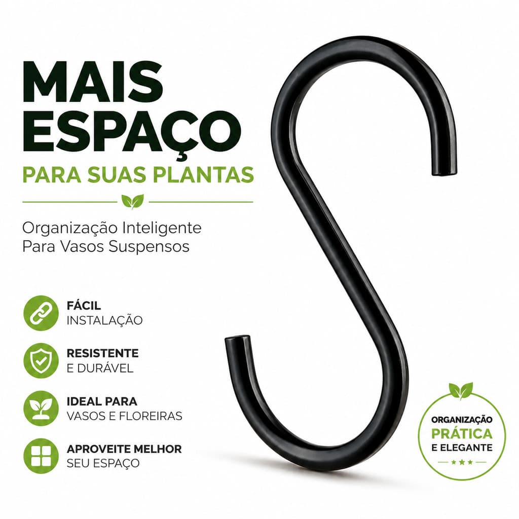 Kit 5 Gancho Em S Metálico Suporte Plantas Suspensas Preto