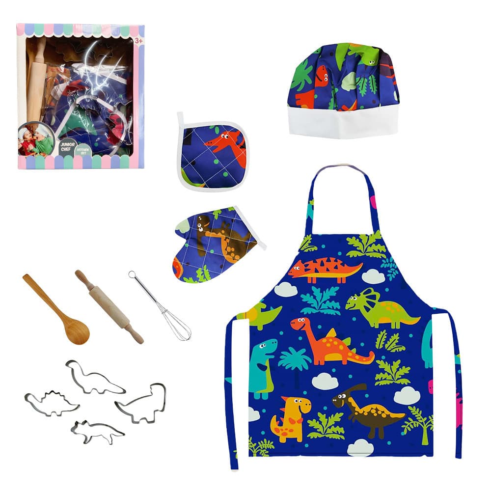 Conjunto de brinquedos de cozinha infantil para brincadeiras de faz de conta, avental de dinossauro com 11 peças.