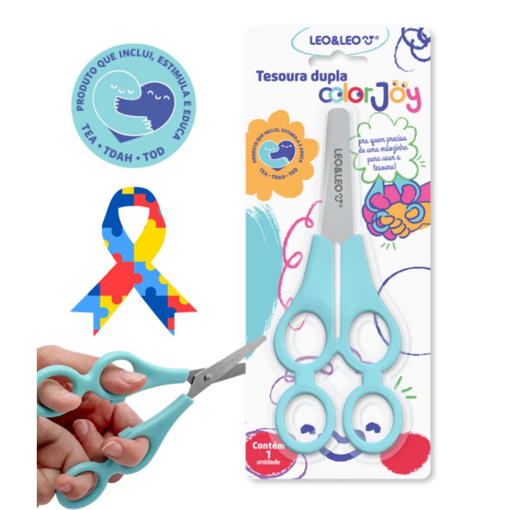 Tesoura Dupla Ambidestra Colorjoy Crianças Atípicas TEA TOD TDAH