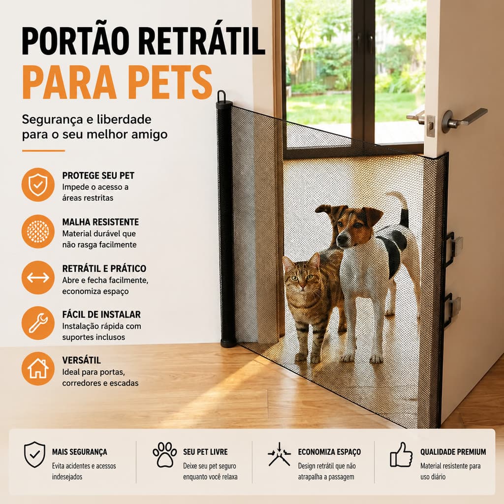 Portão Tela Segurança Automático Bebês Pets Retrátil Cercadinho Porta Grade 150cm Escada Porta