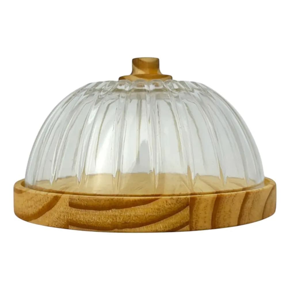 Queijeira Artesanal Madeira 19cm Vidro Listras Queijos Frios