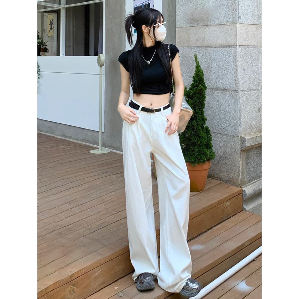 Vfvk Calça Jeans branca de perna larga feminina verão fina opaca calça branca solta Drape formato de pêra calça para esf