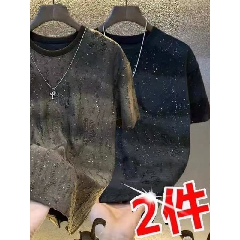 Verão novo estilo luz luxo de alta qualidade Gypsophila masculino manga curta camiseta na moda lantejoulas gradiente ras