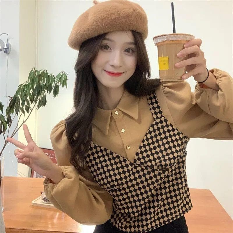 2024 outono inverno novo estilo Preppy xadrez falso de duas peças camisa de manga comprida Design feminino nicho chique