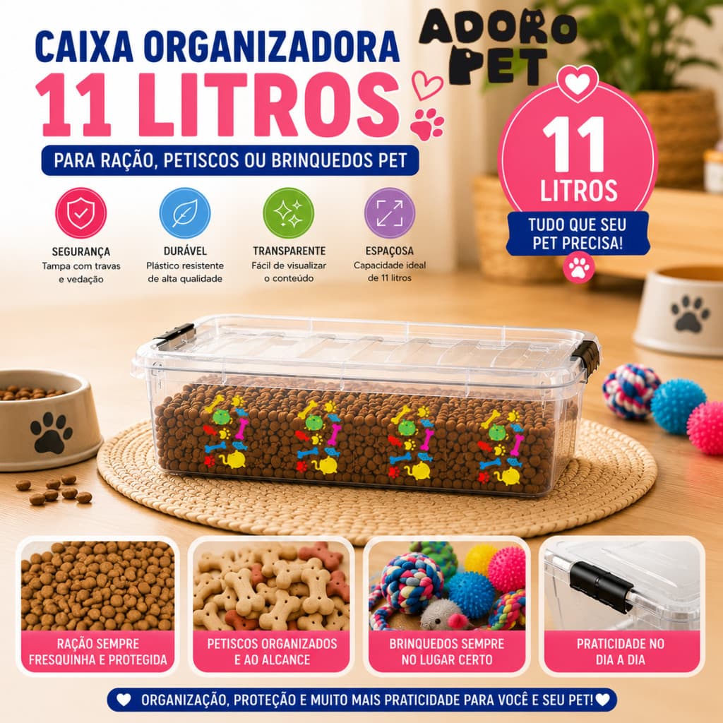 Caixa para Ração Pet Transparente com Trava Resistente Ideal para Petiscos e Brinquedos