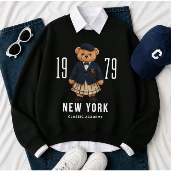 Moletom Feminino Estilo Gola Redonda com Estampa Vintage de Urso 1979 Blusa de Frio Quentinha