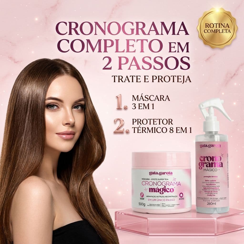 Kit de Cronograma Máscara Desmaia Cabelo e Protetor Térmico Gata Garota Ultra Hidratação