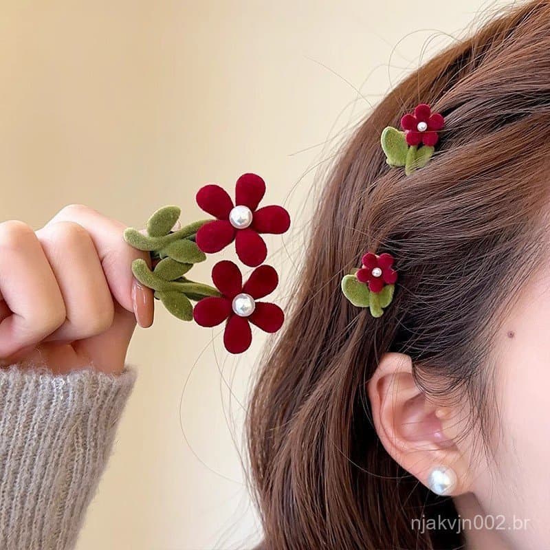 Princesa Meio-Up Flor Vermelha Grampo De Cabelo Franja Clipe Lateral Flocado Pequena Garra