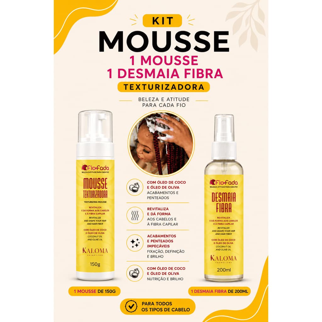 Kit Mousse 150ml + Desmaia Fibra Fio de Fada 200ml Acabamento para Tranças e Penteados