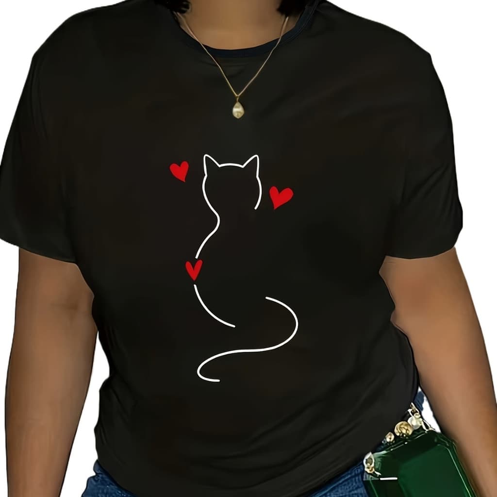 T-Shirt de Mulher Tamanho Grande,  Camiseta Plus Size Mangas Curtas Estampa Gatro