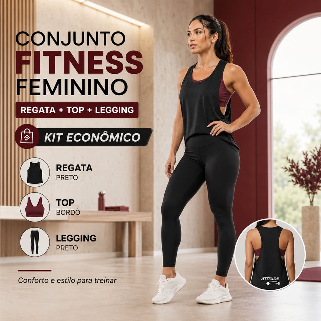Conjunto Fitness Feminino 3 Peças Regata Cavada Top Gola V Legging Cós Alto Academia Preto Bordô