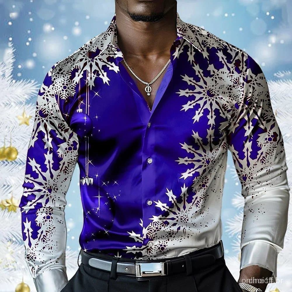 Natal Masculino Cena De 3d Impresso Camisas Formais Floco De Neve Moda Casual Lapela Botão Manga Longa Festa Camisa Masc
