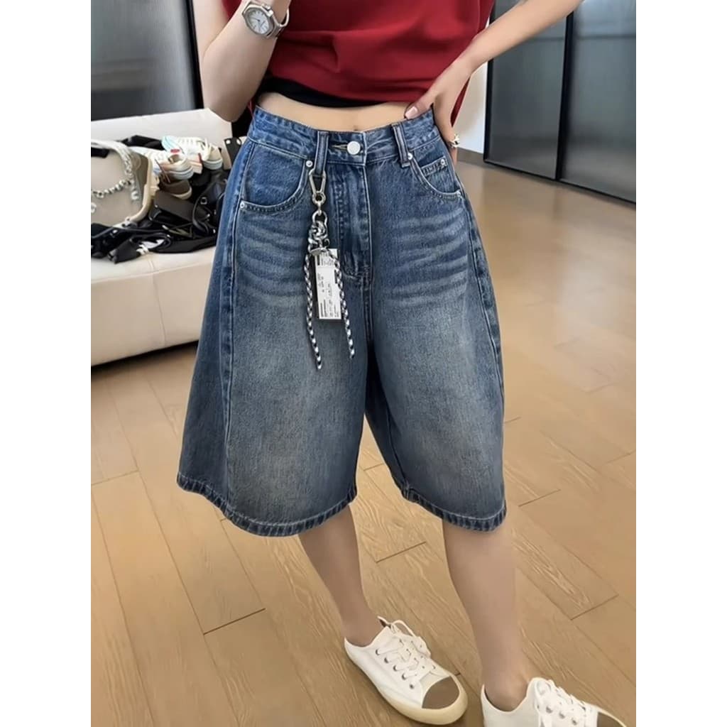 Shorts jeans de cintura alta feminino verão 2026 estilo fino gordura mm tamanho grande mais magro olhar flor Bud estilo