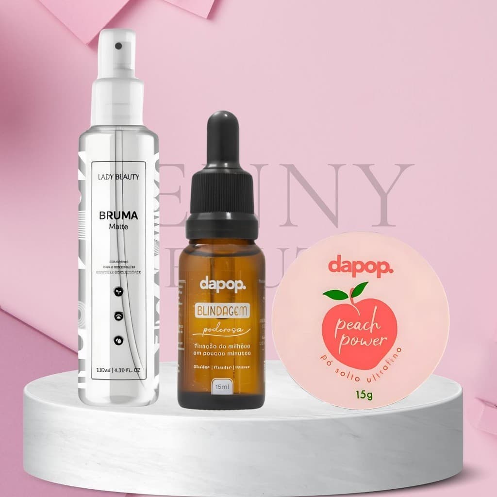 Kit Bruma Fixadora Matte Lady Beauty + Pó Pêssego Peach Power Dapop + Blindagem Poderosa 3x1 Dapop