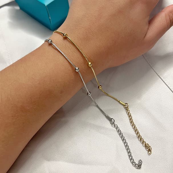 Pulseira Bolinha em Aço Inoxidável Prata Dourada Antialérgica