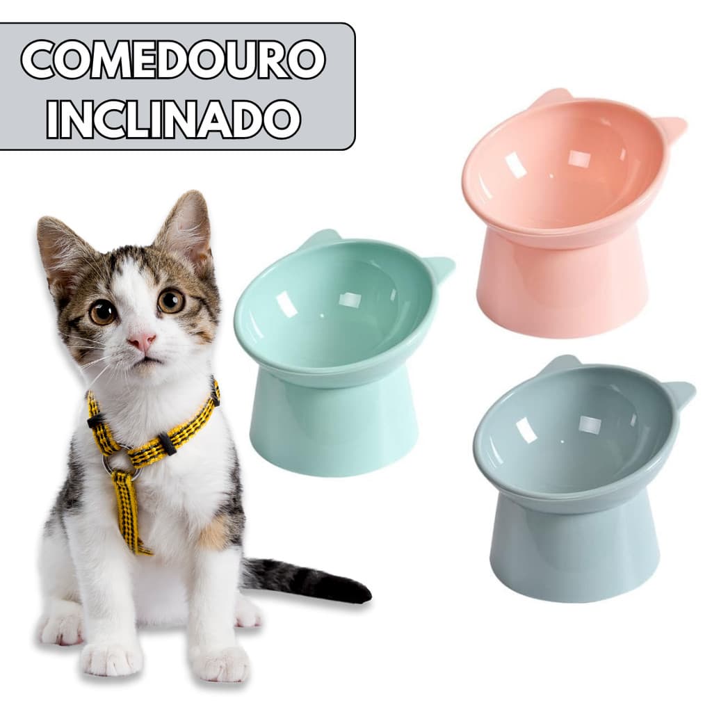 Kit Comedouro Gatinho Ergonômico Elevado Postura Correta Cães Gatos 240ml - Escolha Seu Kit