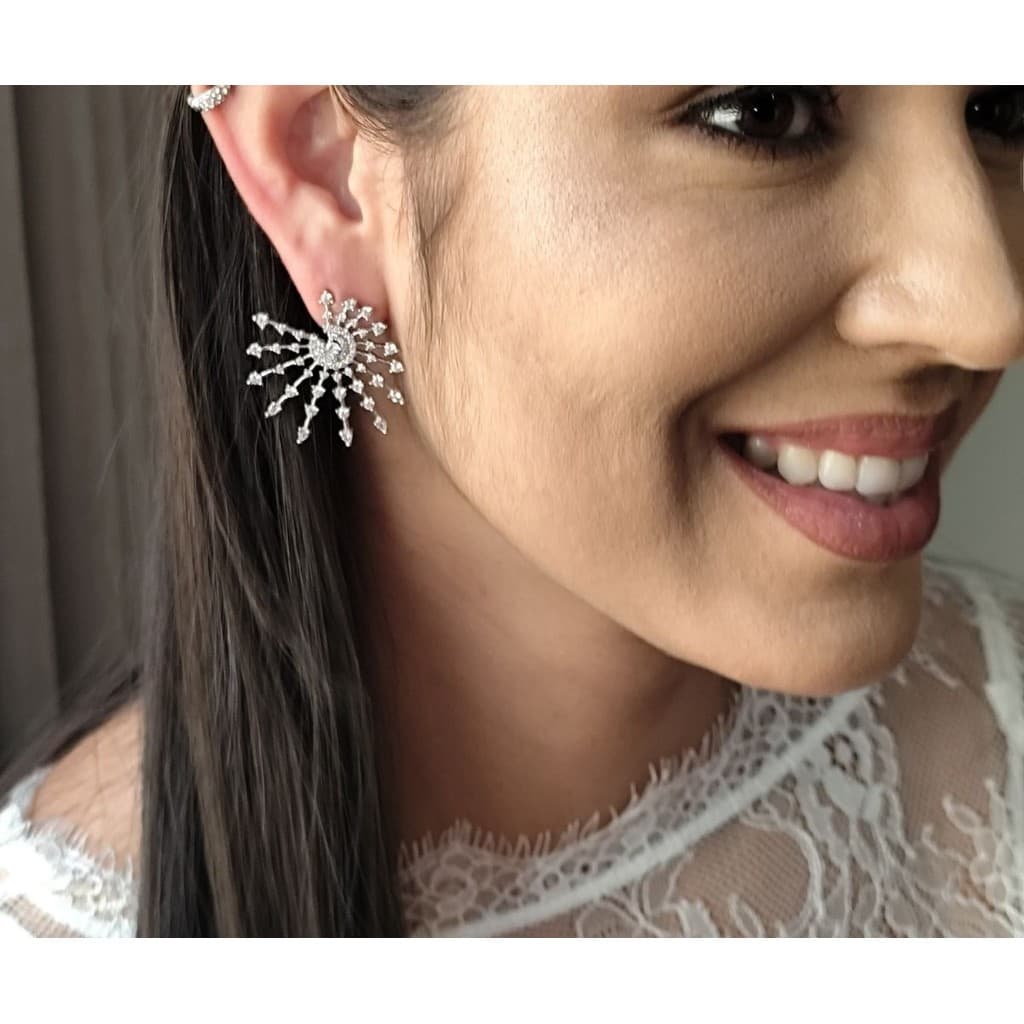 Brinco Raios de Zircônia Prata Brilho Festa Luxo Noiva