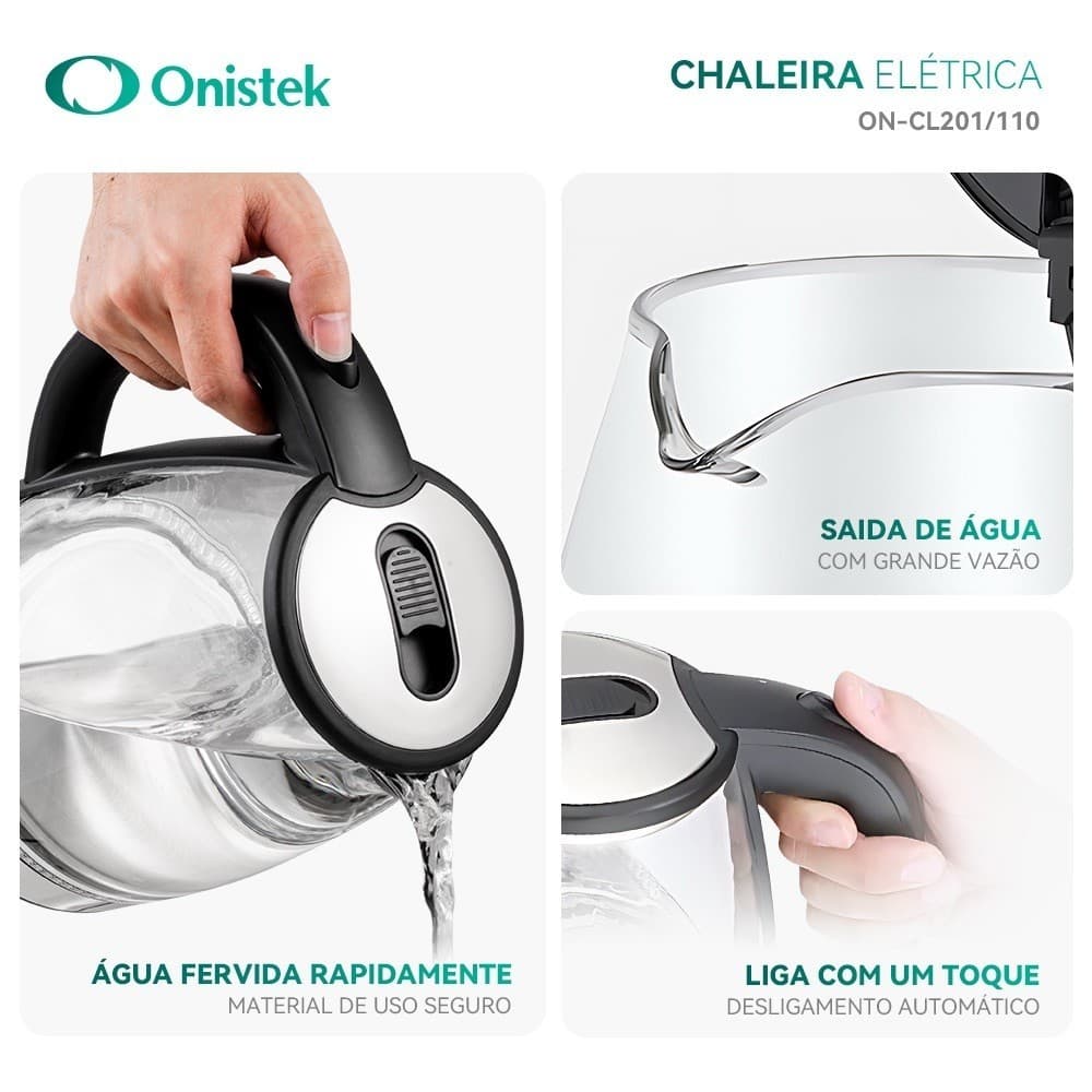 Chaleira Jarra Bule Elétrica Onistek 1,8L com LED Que Dança  Luzes Inteligentes Vidro Transparente CL-201