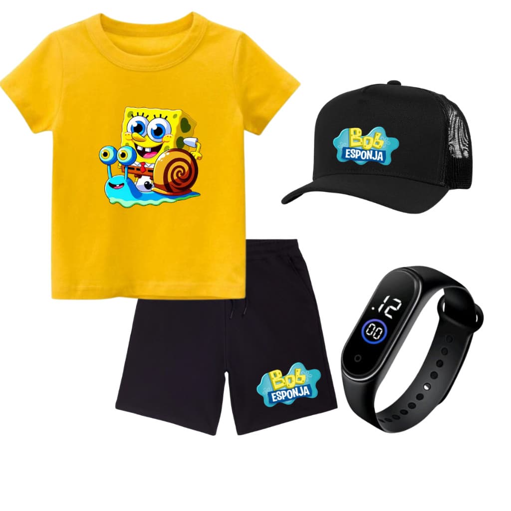 Conjunto Infantil Bob Esponja Short Moletinho e Camiseta relogio + bone tamanho 4 ao 14