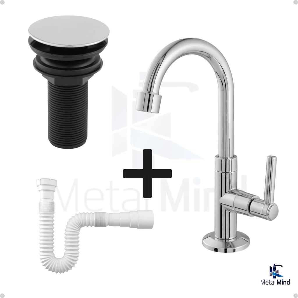 Kit de Banheiro em ABS Cromado -Torneira 1198 Baixa, Válvula Click 7/8 e Sifão Flexível Universal