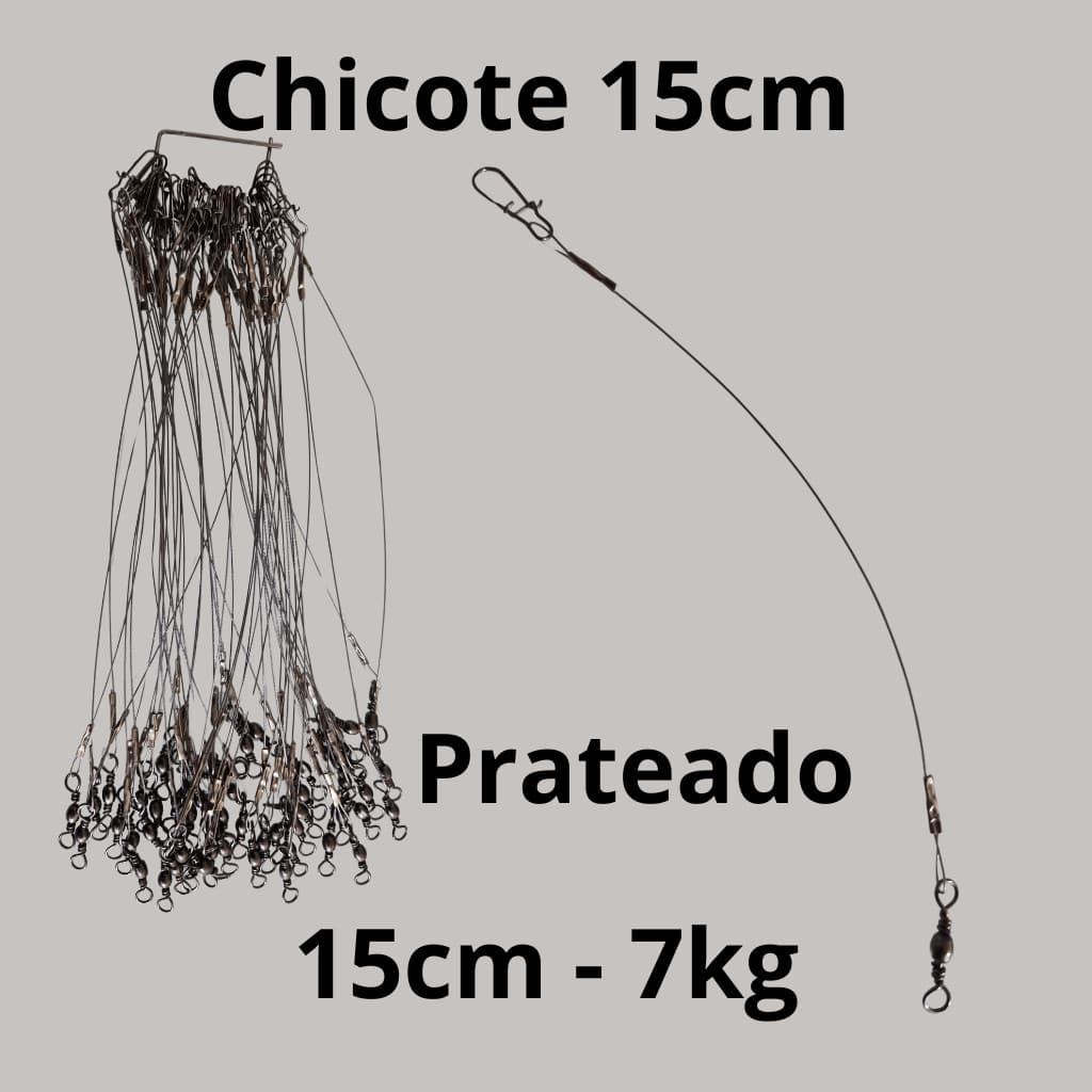 Chicote Pesca Cabo de Aço Encastoado Prateado com Snap e Girador 15cm