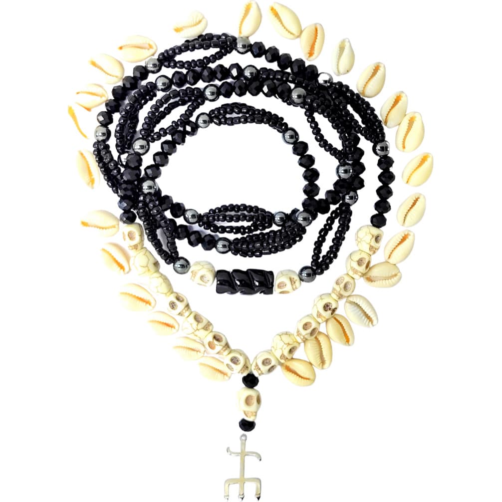 Guia Exú Tatá Caveira 60 Cm Cristal Hematita 8 Mm Em Cordonê Preto