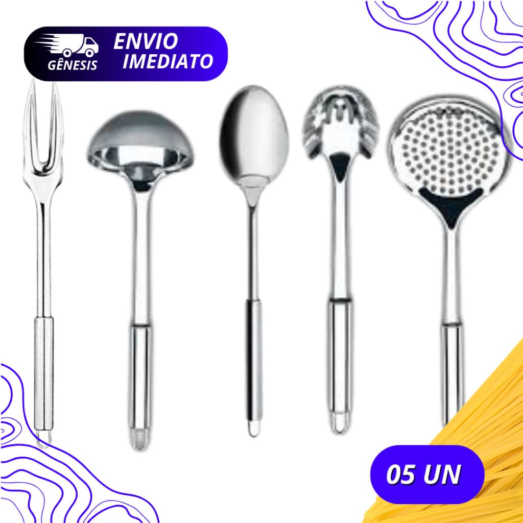 Kit 5 Utensílios 100% Inox Para Cozinha Concha Pegador de Massas Colher Garfo e Escumadeira