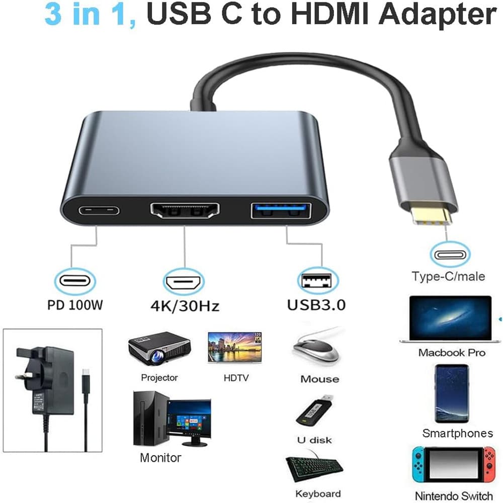 3 in 1 USB Hub Type-C to HDMI Splitter HUB PD100W USB3.0 Docking Station For McBook Air Pro Samsung