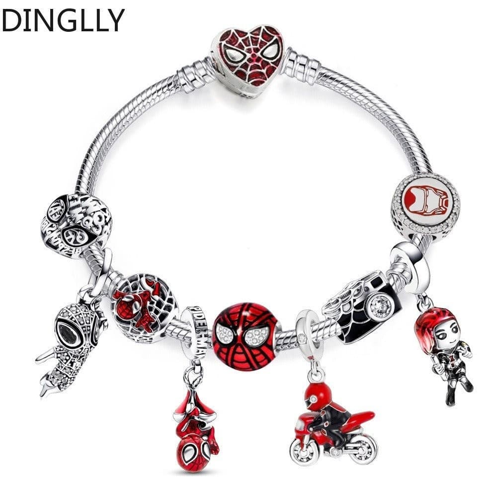 Pulseira de Charme de Contas do Homem-Aranha DINGLLY Cor Prata Filme Homem de Ferro Pulseiras de Charme para Mulheres