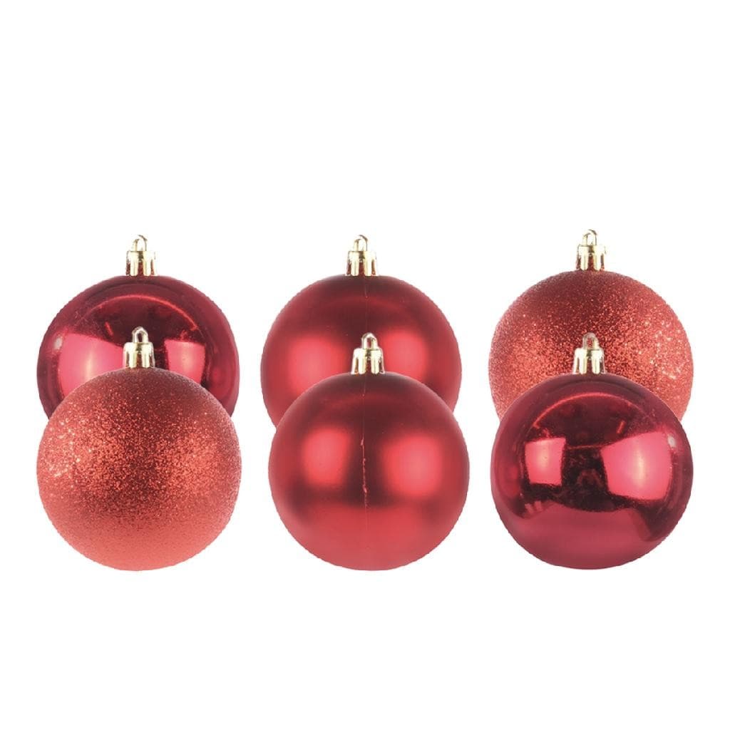 Kit com 6 bolas de natal mistas vermelha com glitter para arvore 8cm