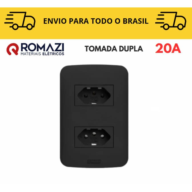 Tomada Dupla 20A linha canoa black romazi / 10A / 20A / Paralelo / Tomada Preta