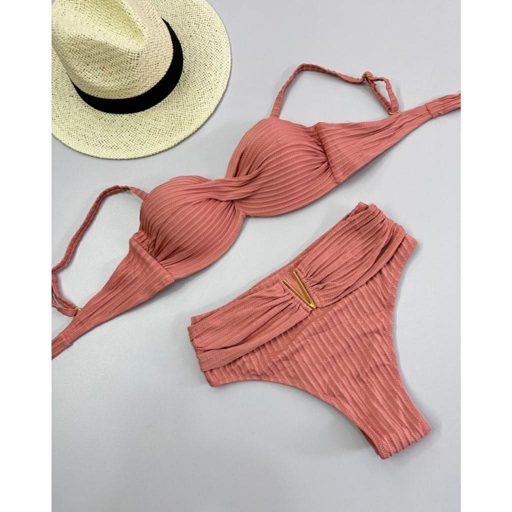 Biquíni Texturizado Canelado com Bojo e Cintura Alta – Moda Praia Verão