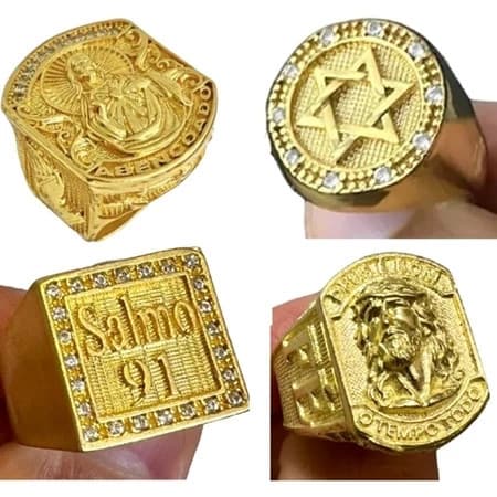 TB Brinquedos Moda Dedeira Masculino Anel Salmo 91 Cravejado Embutimento De Cifrão Banhado Ouro 18k
