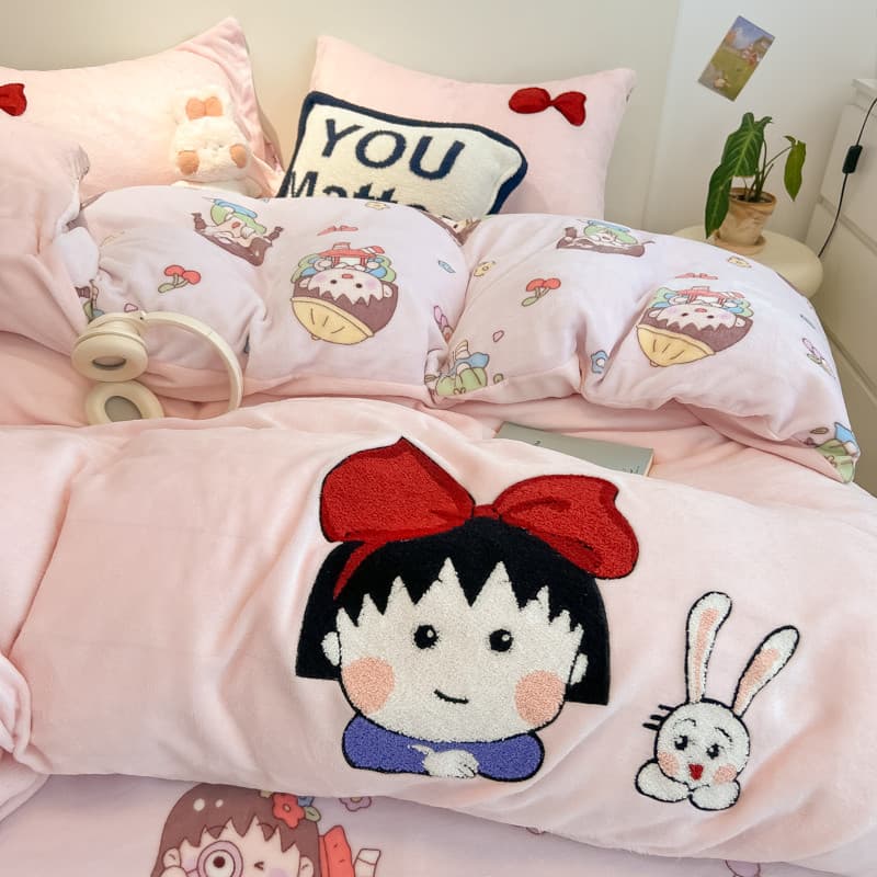 Cereja Maruko leite velo conjunto de quatro peças inverno 2024 novo estilo de pelúcia colcha capa folha dormitório conju