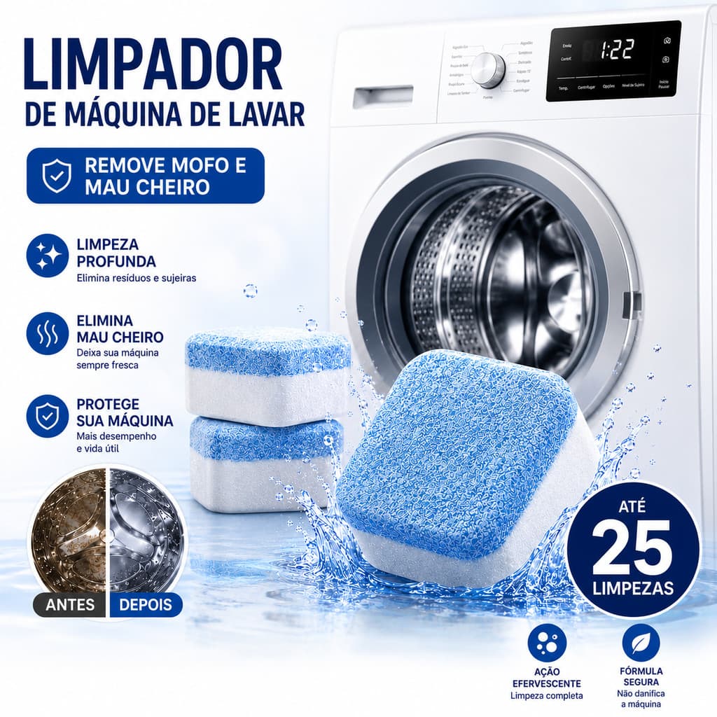 KIT Pastilha Limpa Máquina de Lavar Roupa Efervescente Limpeza Profunda Remove Odor e Mofo Kit