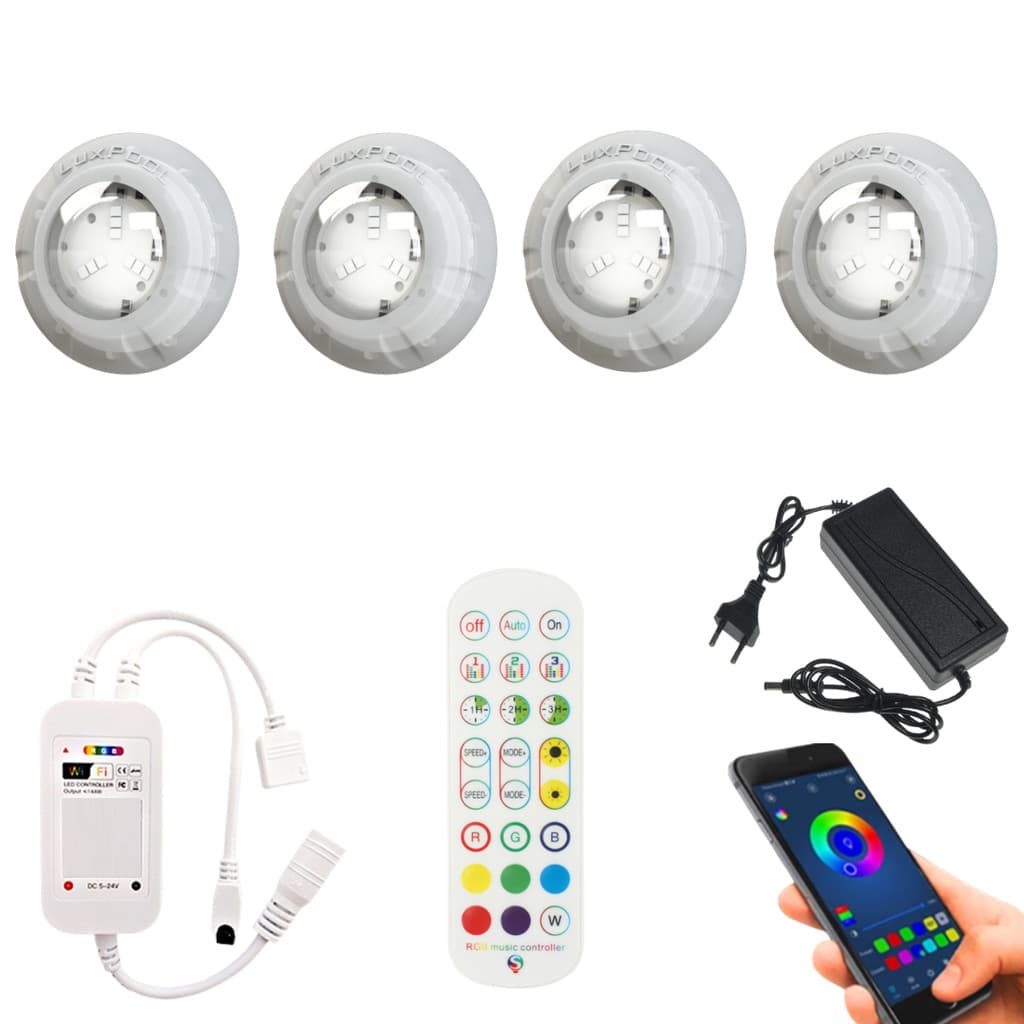 4 Refletores Piscina RGB LuxPool 6W Com Controle Remoto Fonte e Central