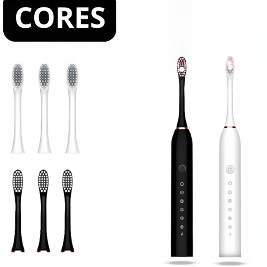 Escova Elétrica Dental Sônica Premium Recarregável USB 6 Modos IPX7 + 4 Refis (Preta/Branca)