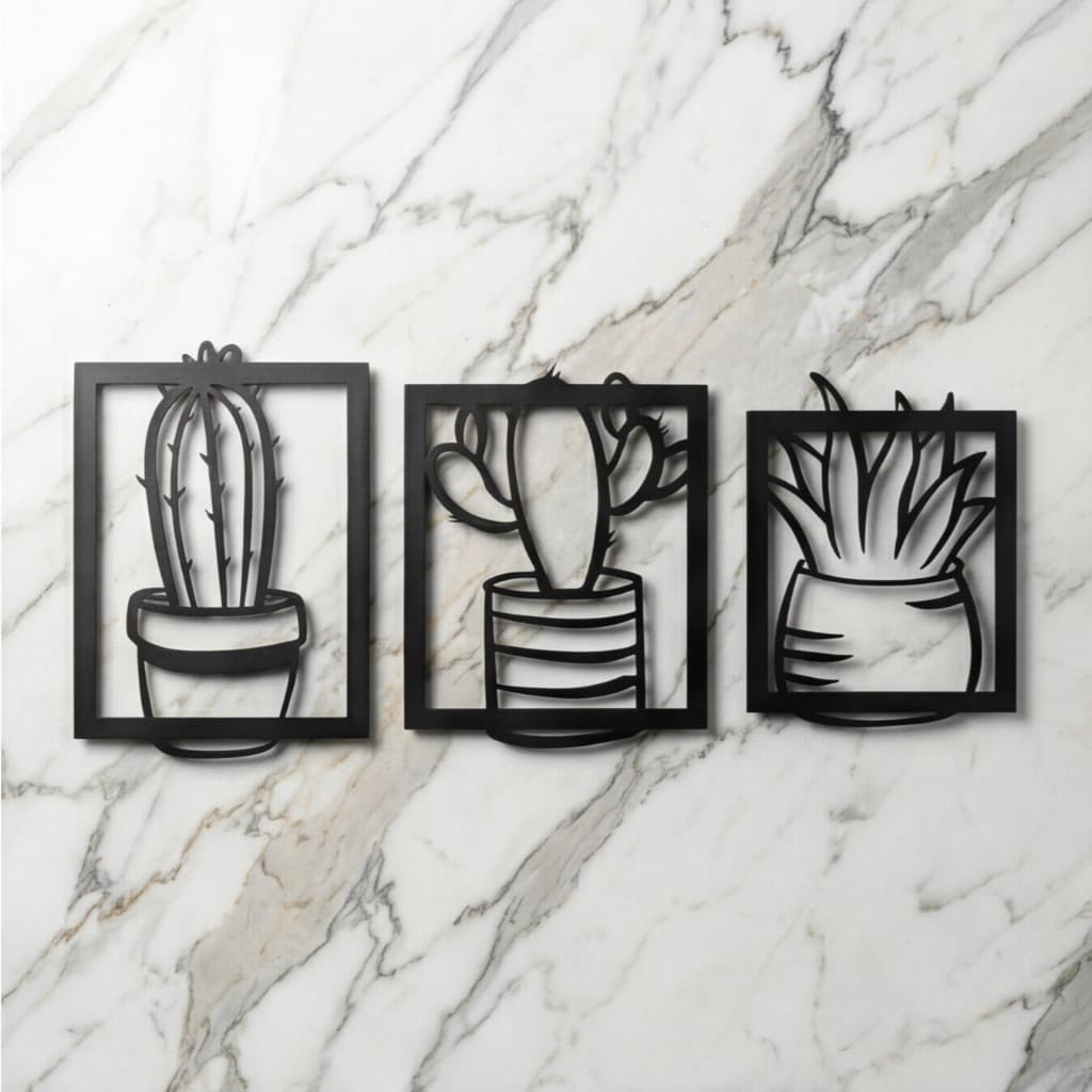 Kit 3 Quadros Cactos Suculentas MDF Preto 3D Decoração Parede Sala Quarto Vazado Boho Planta